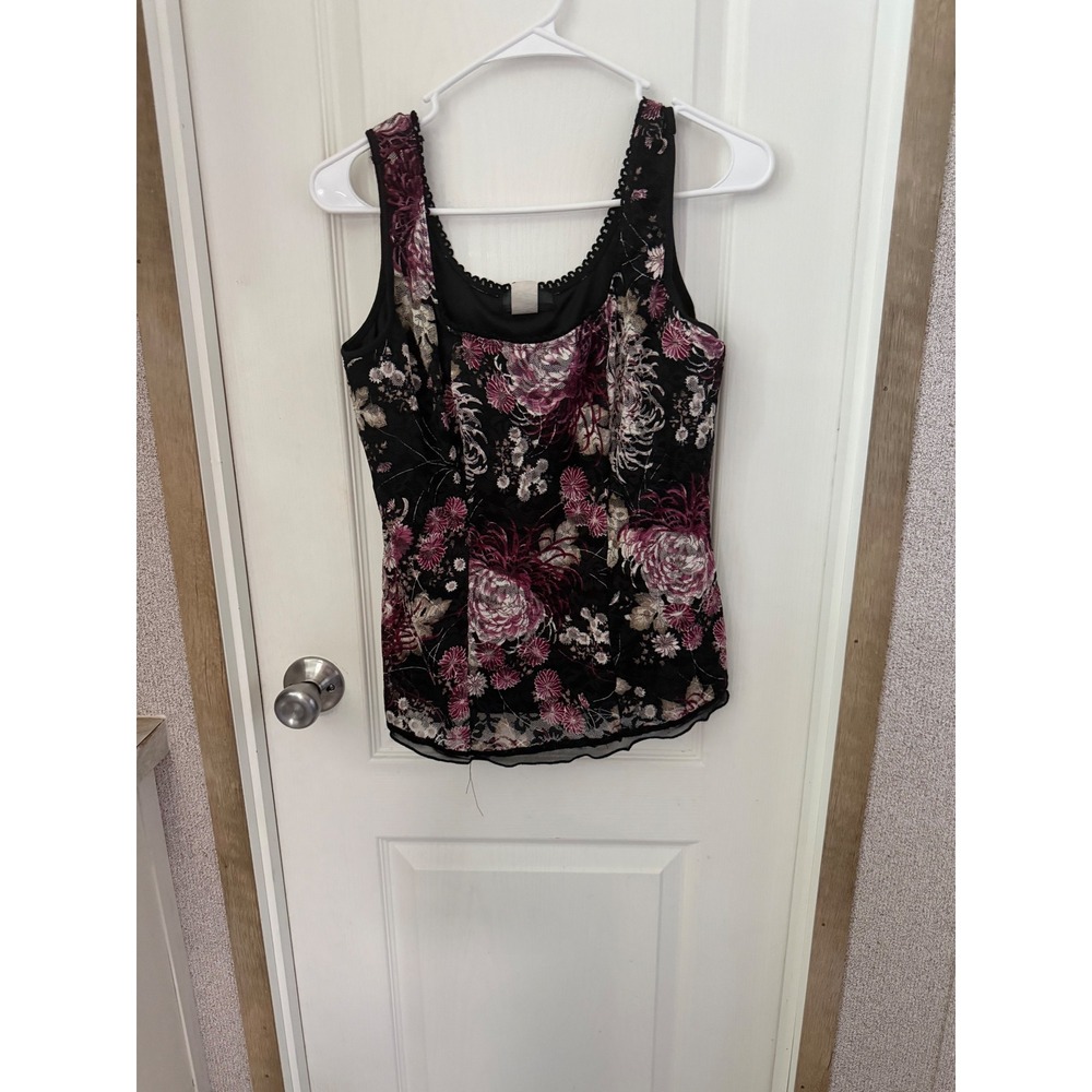 Y2K Floral Lace Tank Top Black Burgundy Scalloped Trim Sleeveless Blouse